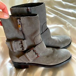 NWOT Marc Fisher Gray suede ankle boots. Size 8 1/2. Gunmetal accent buckles